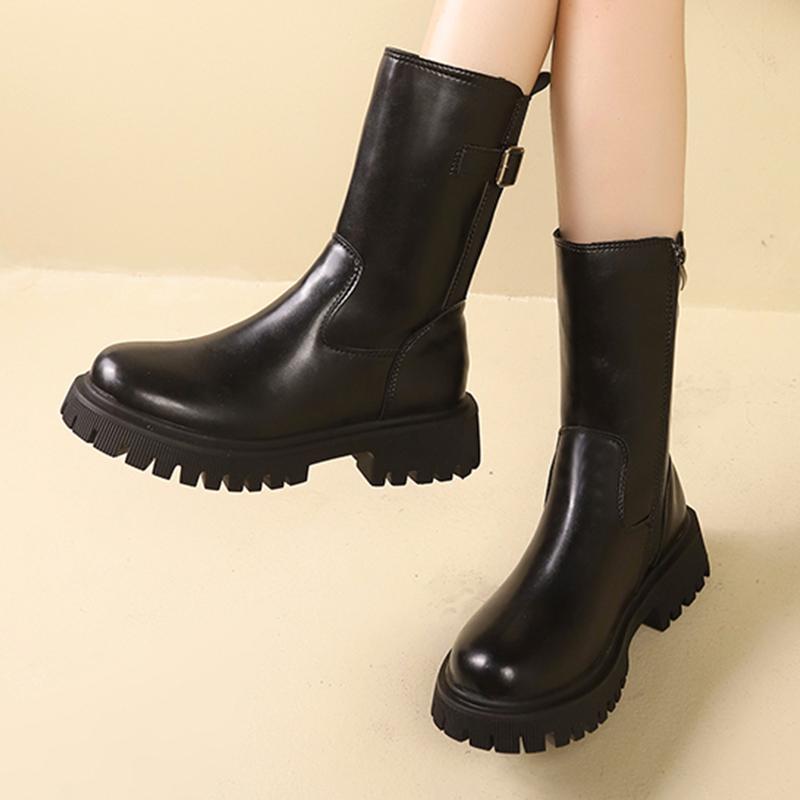 Platformové dámské sněhule do půli lýtka na středním podpatku, značkové kožené boty, zimní módní robustní Chelsea boty, trendy goth obuv