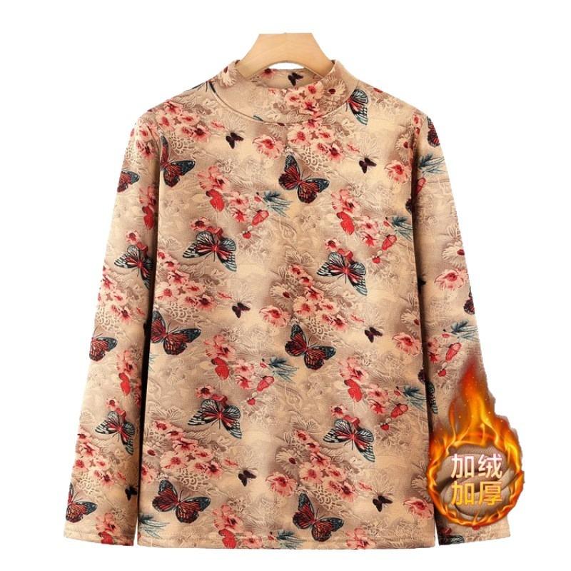 Autumn and Winter Long-sleeved Semi-turtleneck German Velvet Bottoming Shirt for the Elderly Velvet Underwear Floral Warm Autumn Clothes