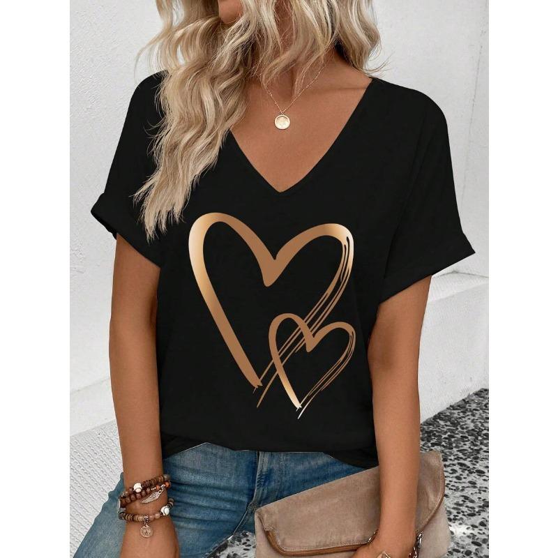 Casual Women's V-neck T-shirt T-shirt Summer Outdoor Fashion Short Sleeve Simple Pattern Printed Versatile Size Women's Clothing