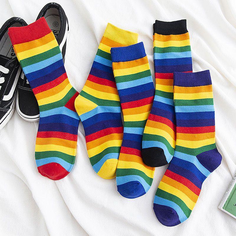 Female Spring and Autumn All Match Rainbow Stripe Student Tube Socks