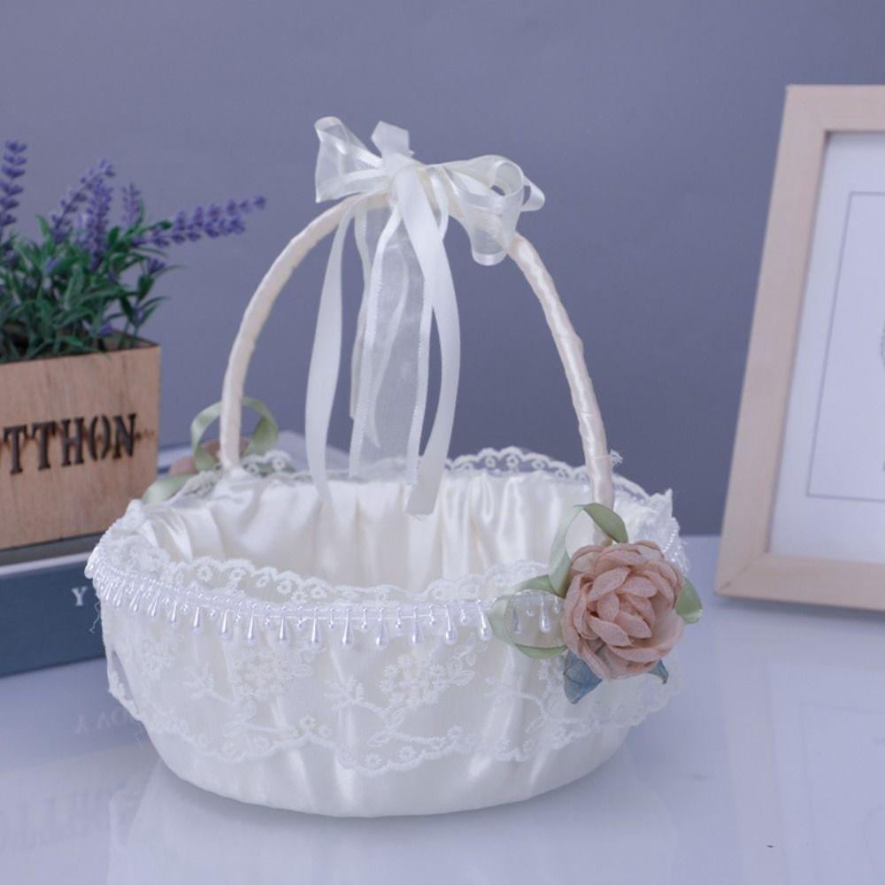 Rose Flower Flower Girls Basket Lace Satin Bow Hanbag Sweet Wedding Flower Basket Party