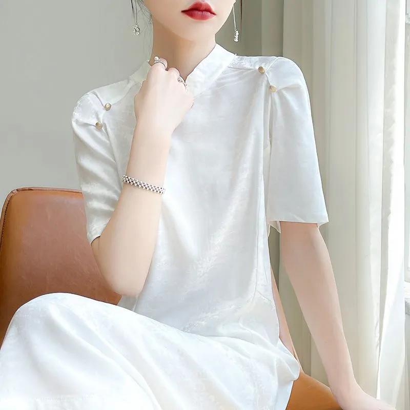 Womens White Stand Collar Short Sleeve Blouse