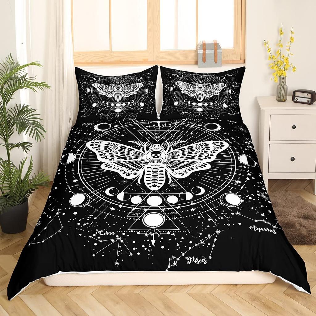 Black Death Moth Duvet Cover Set Gothic Skull Bedding Set Butterfly Bedclothes Moon Stars Polyester Quilt Cover for Kids Teens