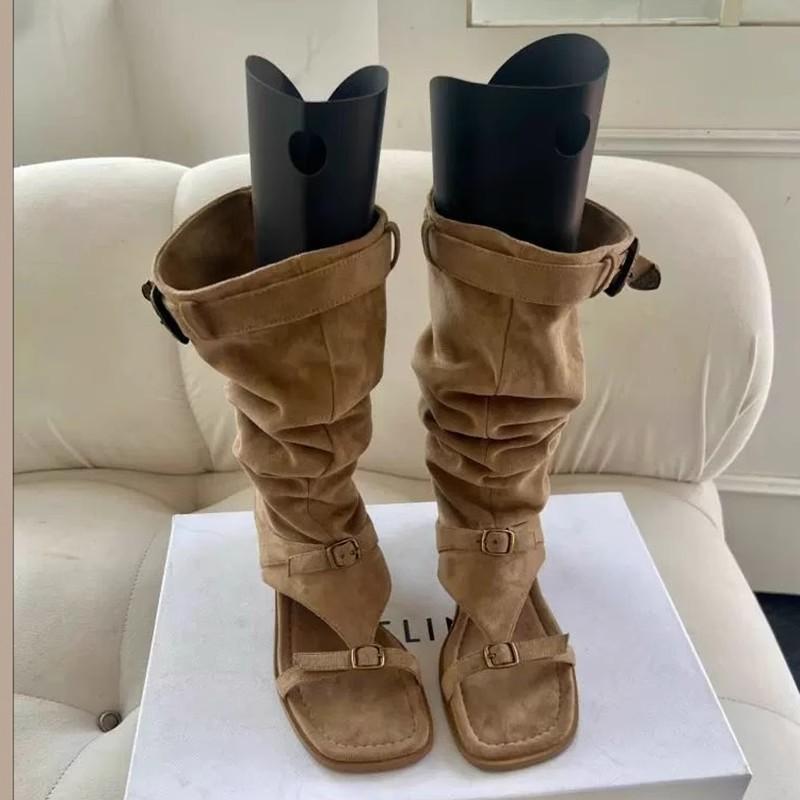Fashion square head open-toed elastic fleece cool boots summer new belt buckle splicing sleeve low heel high boots women