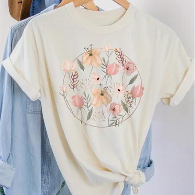 Fashion Women A Circle Composed Flowers Print T Shirt Funny Casual O-neck Short Sleeves T-shirt Summer Female Tee Shirt