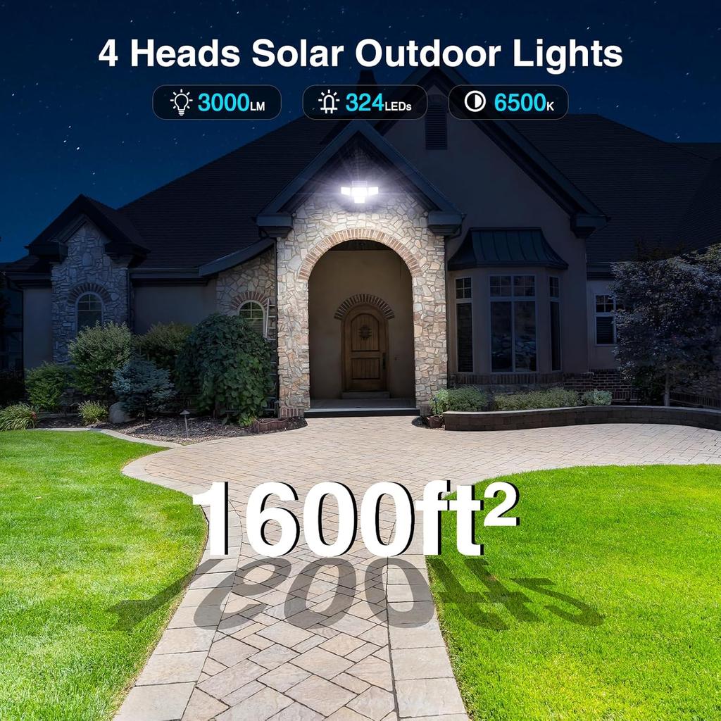 Outdoor Solar Lights for Outside, 324 LED 3000LM Motion Sensor Outdoor Lights Waterproof IP65, 4 Heads Solar Powered Flood Security Light with Remote