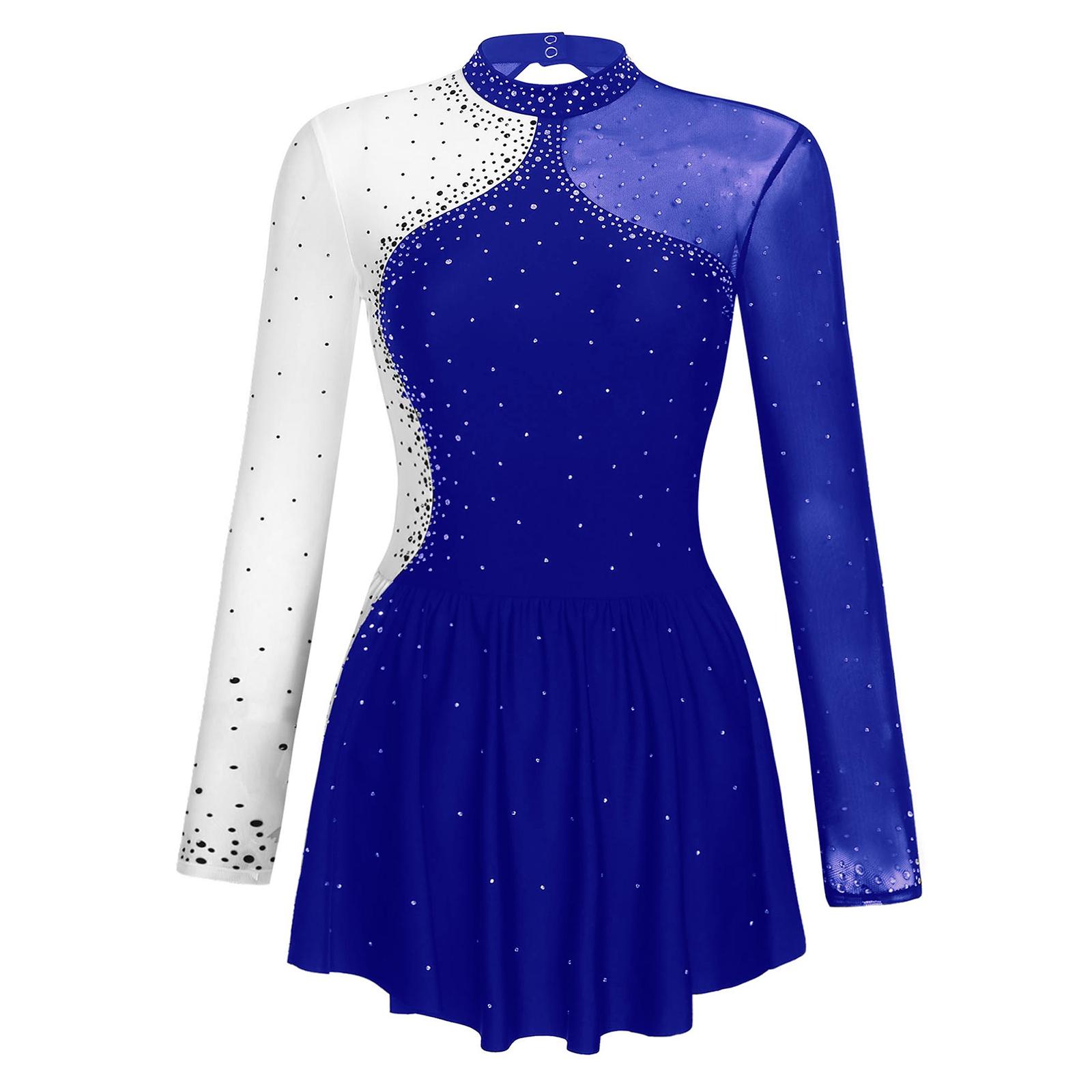 

Womens Sparkly Rhinestone Figure Skating Dress Sheer Mesh Patchwork Long Sleeve Mock Neck Performance Gown S синій