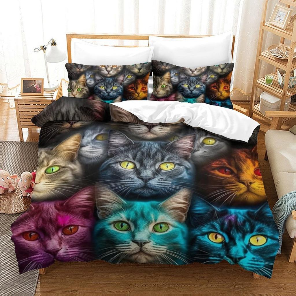 Colorful Cat 3D Digital Printing Polyester Quilt Cover Two Or Three Pieces Can Be