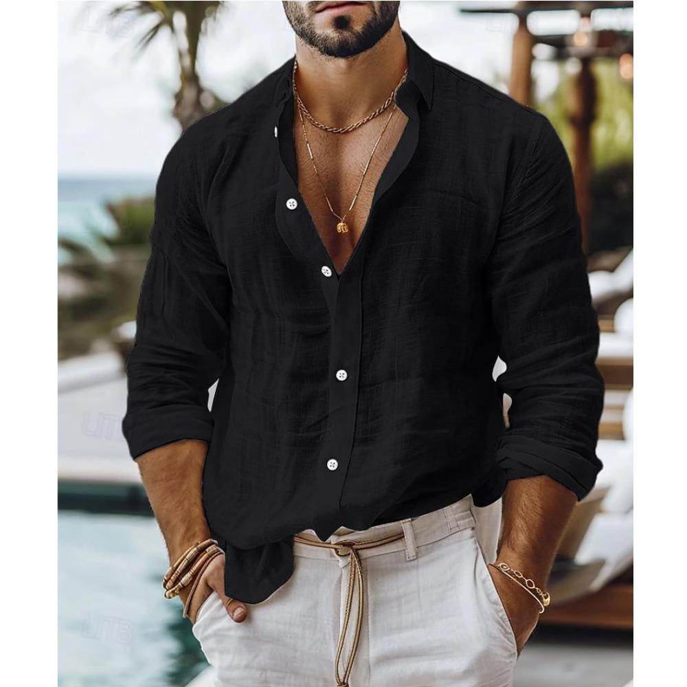 Men's Solid-Colour Cotton-Linen Blend Shirt Casual Style Long-Sleeved Business Casual Shirt