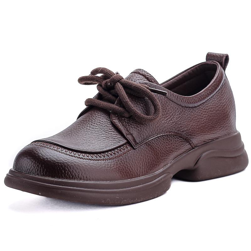 All cowhide retro small leather shoes medium heel platform lace-up wide head leather shoes genuine leather mother single shoes