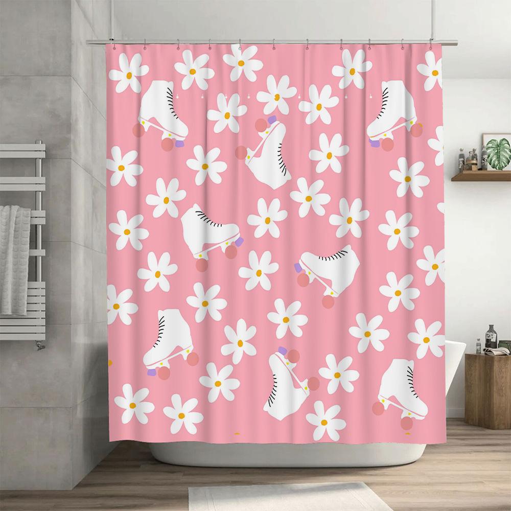Whimsical Floral Roller Skates Shower Curtain Pink 3D Waterproof Fabric Decorative Bathroom Shower Curtains For Girls Kids