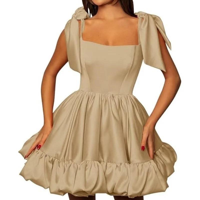 1011 new European and American style evening dress square neck bow satin tutu skirt thin birthday party dance dress