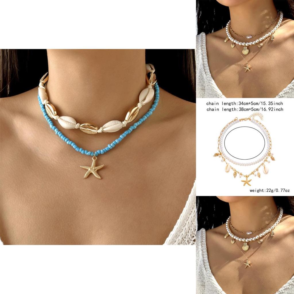 Bohemian Starfish Shell Bead Necklace With Layered Chain For Women
