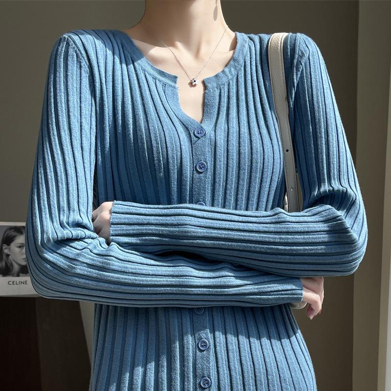 Women's Ribbed V-Neck Knitted Cardigan - Loose Thin Plus Size Sweater Coat