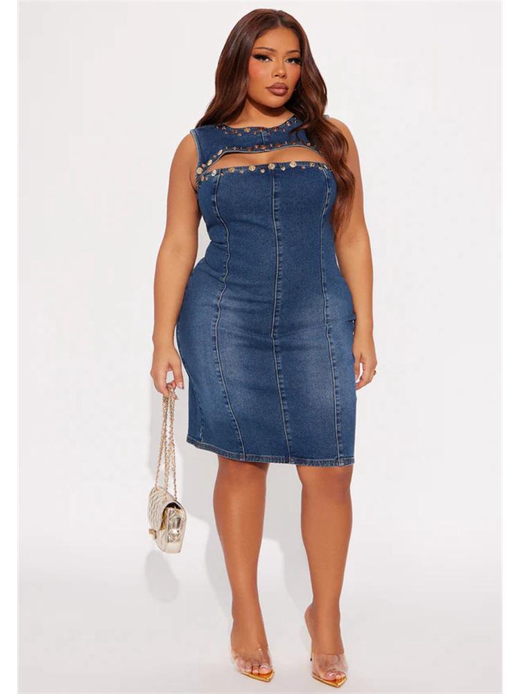 European & American Style Women's Spring Fashion Studded Round Neck Sleeveless Denim Dress 89378