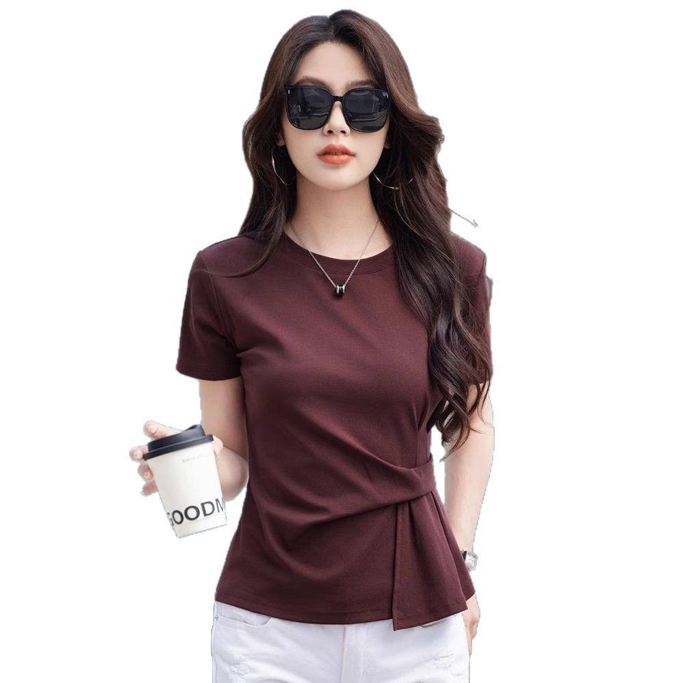 Fashion design short-sleeved T-shirt women's 2025 summer new irregular belly covering slightly fat and thin niche top