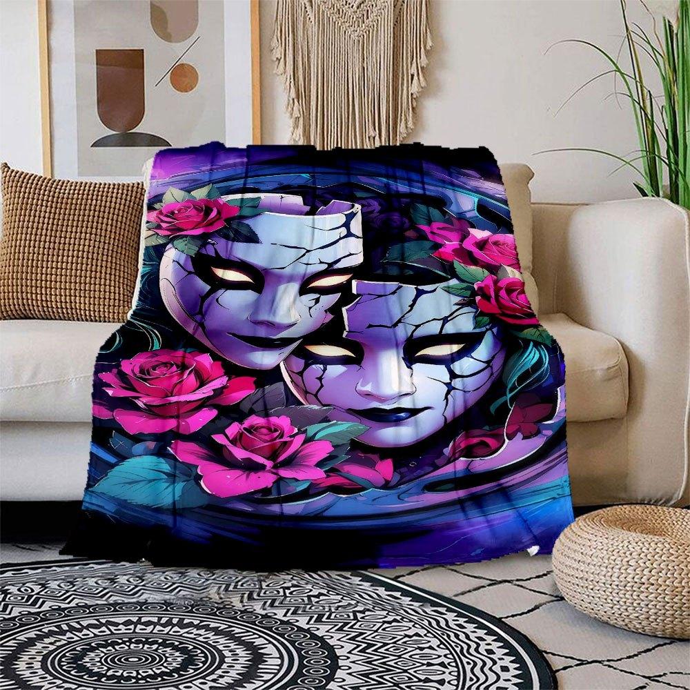 Enchanted Mask with Roses Wall Art Print Blanket Flannel Throw Blanket for Sofa, Bed, Travel, Camping, Office 100x150cm