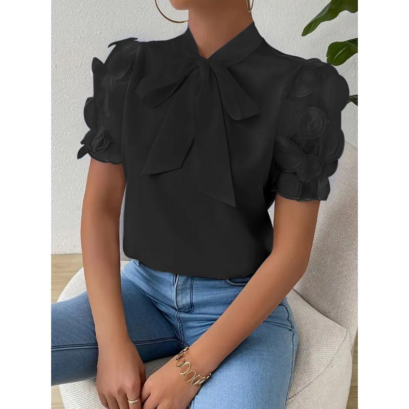 Women's Summer Bow Tie Neck Satin Blouse 3D Floral Mesh Short Sleeve Solid Color Elegant Commuter Office Casual Shirt Top