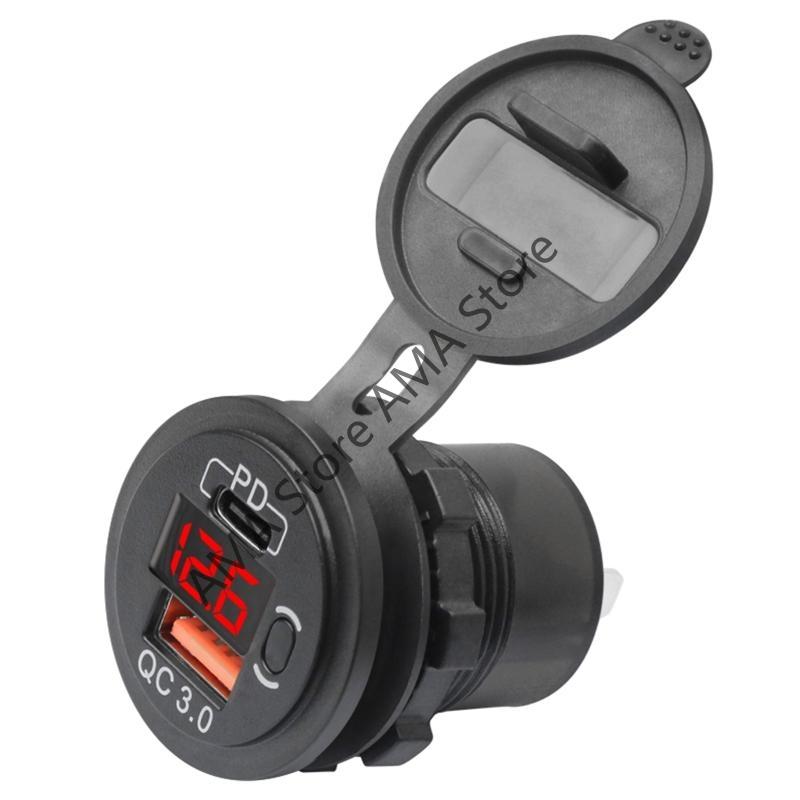 

NEW 12/24V Quick Charge 3.0 and PD USB C Car Charger Socket Power Adapter with Digital LED Voltmeter Waterproof cover for car червоний