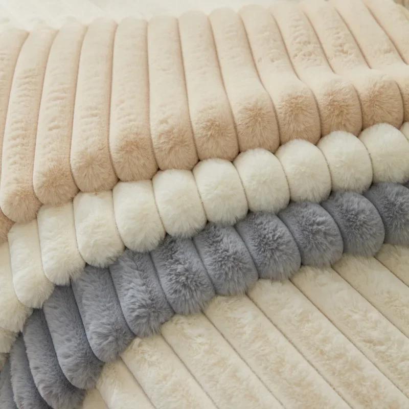 1PC Soft Rabbit Plush Quilted Sofa Towel Winter Warm Thick Plush Couch Cover L-shaped Sectional Anti-slip Sofa Cover