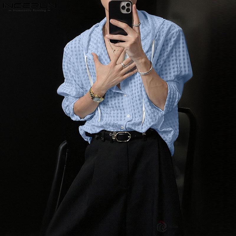 INCERUN Men Long Sleeve Buttons Plaid Transparent Hooded Shirts Outside Wear