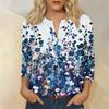 Women Vintage Floral Print Henley Button Neck Shirt Three Quarter Sleeve Linen Cotton Blouse Casual Loose Fit Top for Everyday Wear