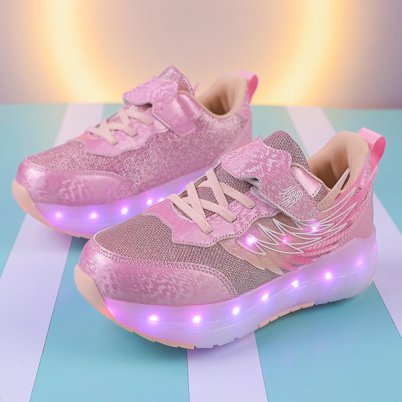 TUINANLE LED Luminous Children's Rechargeable Running Shoes with Wheel Skates Multi Light Breatheable Boy Girl