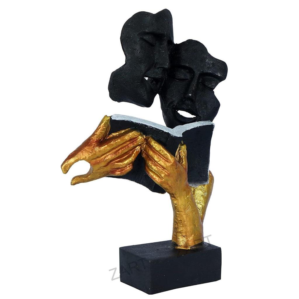 Handgefertigte Skulptur aus Polyresin mit einem Buch, das ein modernes Gesicht liest, Artikelfigur, antikes Schaustück für die Inneneinrichtung (Schwarz und Gold, Standard) 13" Zoll