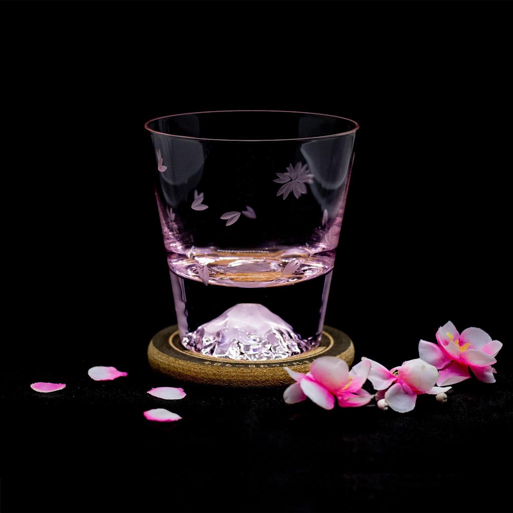 Tajima Glass Handcrafted Japanese Fuji Rocks Glass Sakura Kiriko and Wrapped In Sakura Furoshiki Includes Perfect for Respect for the Aged and [Gift]