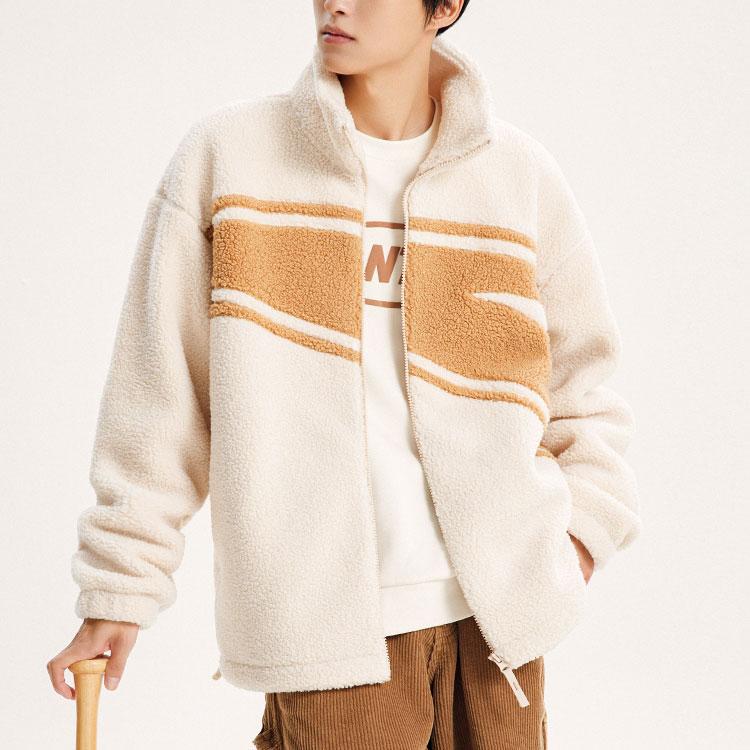 Anta Lifestyle Series Solid Color Large Logo Zipper Stand Collar Thick Lamb Fleece Jacket Unisex Jackets Cream 972348708-1