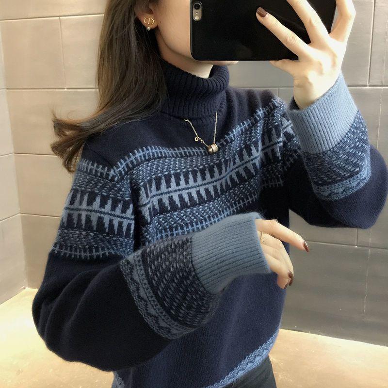 Sweater for Women Autumn Winter Thickened Warm Knitted Stretchy Long Sleeve Striped High Neck Sweater Tops