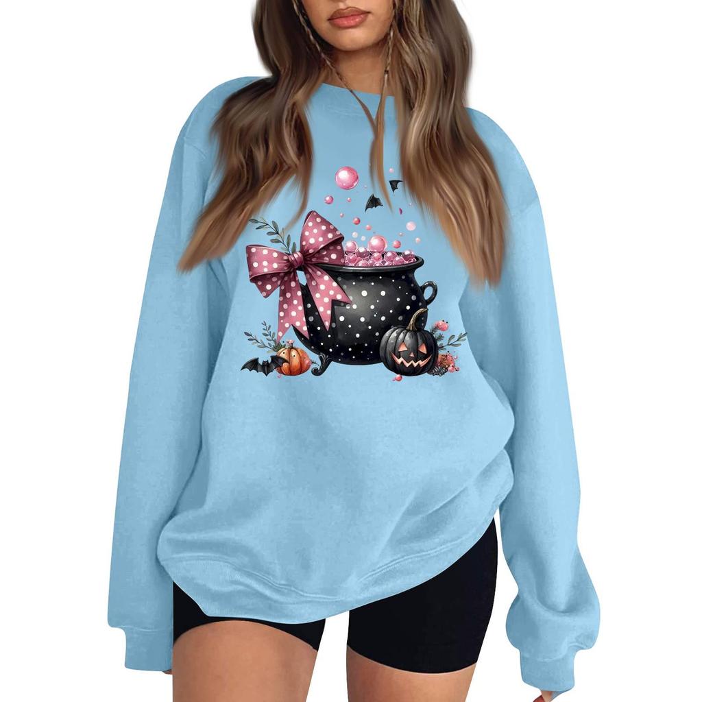 Women's Neck Long Sleeve Casual Loose Fit Sweatshirt Pullover with Color or Small Halloween Print