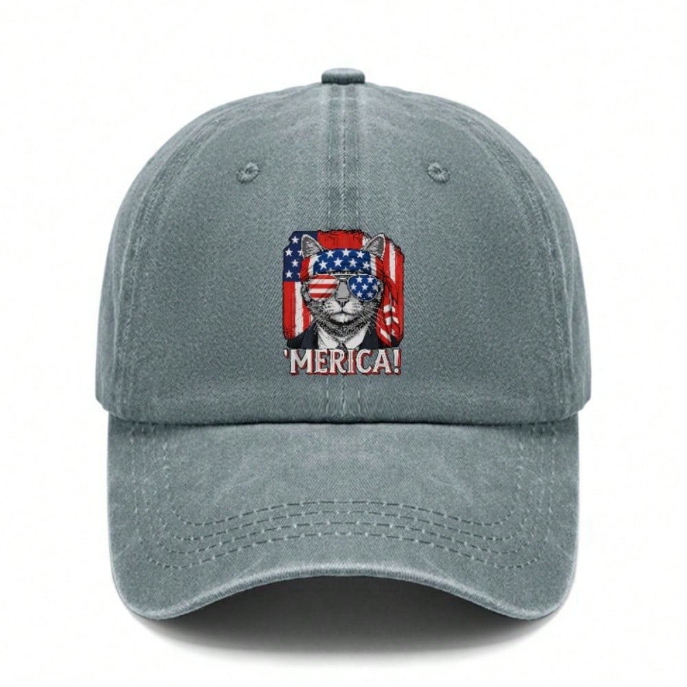 [USA Themed Baseball Cap] 'merica! Cat Graphic Print Polyester Unisex Adjustable Curved Brim Vintage Washed Baseball Hat For Festivals, Summer