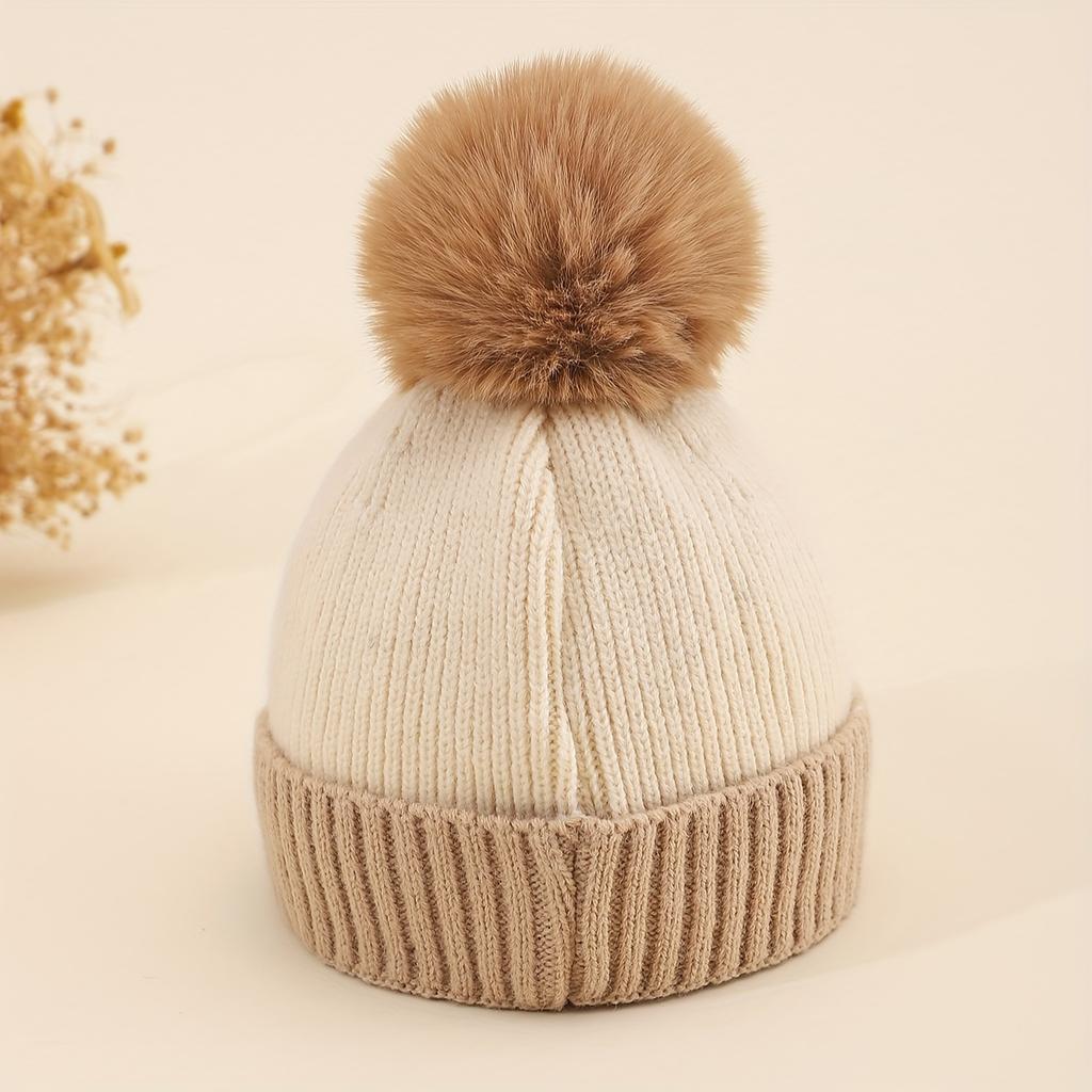 Winter Hat Ball Warm Double Layer Knit Beanie Cute Fashionable Soft Light Beige-Friendly Suitable for Outdoor Walking, Skiing
