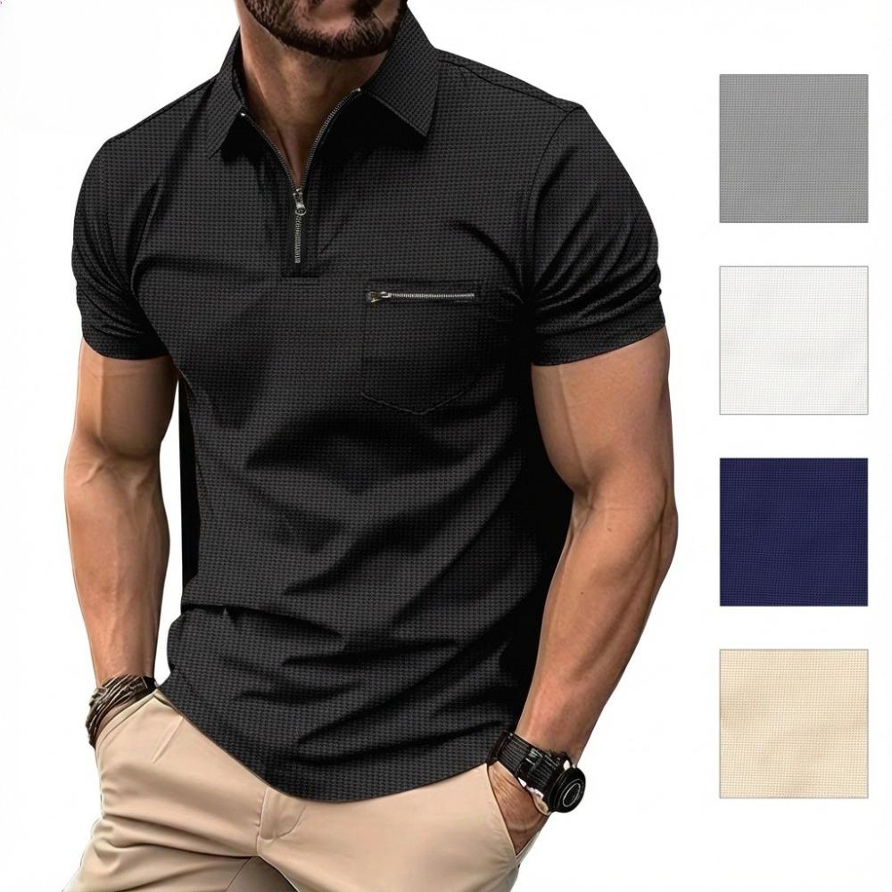 New Waffle-Pattern Men's Polo Shirt with Pocket and Turn-Down Collar