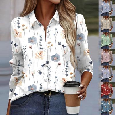 Blusa Feminina com Estampa Floral de Manga Longa com Botões Camisa Casual com Gola Top Roupa Básica