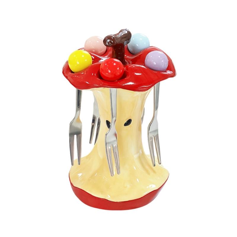 

Apples Designs Ceramic Fruit Holder Set Including 4 Snacks Forks Heat Resistant Tableware for Home Party Decoration
