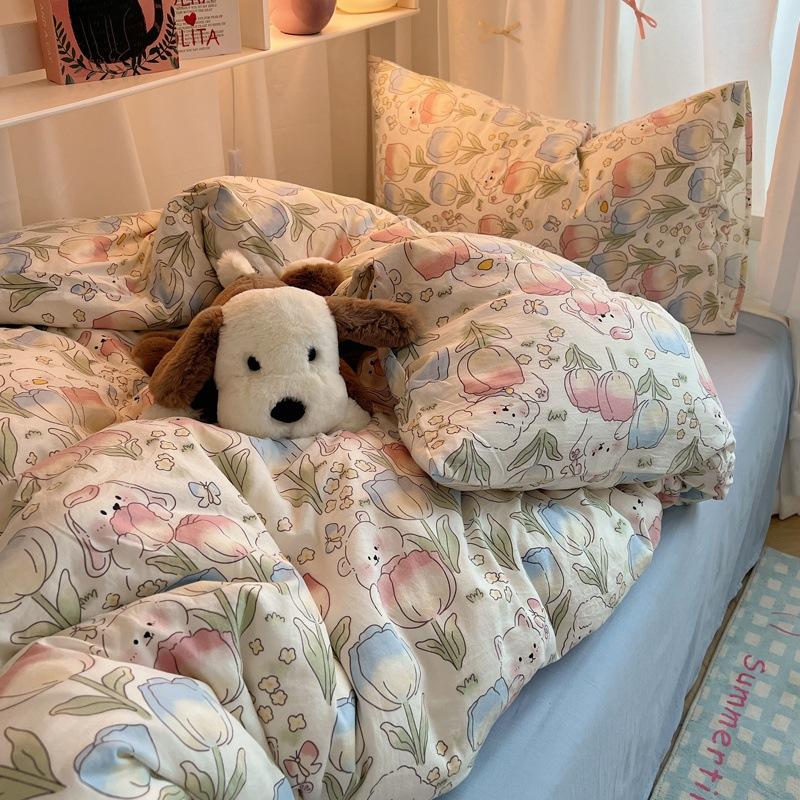 Class A Mother and Baby Grade Pure Washed Cotton Four-piece Set Ins Small Fresh Bed Sheet Quilt Cover Student Dormitory Style Bedding Set