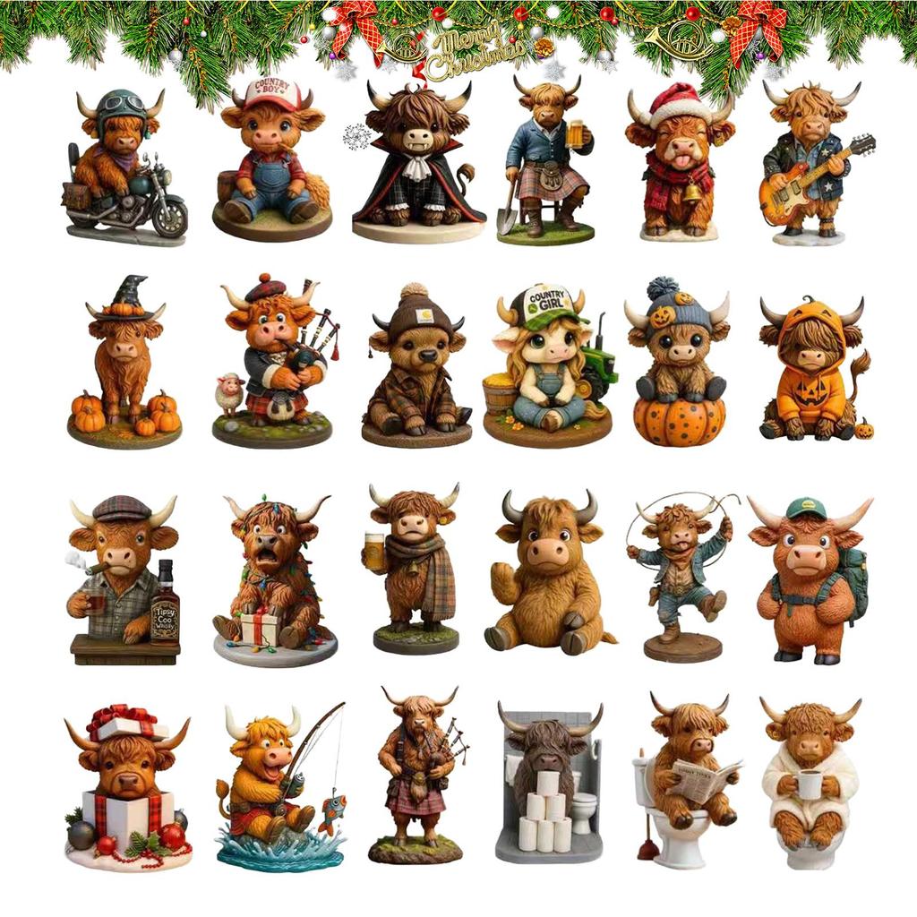 3D Highland Cow Figures Ornaments 24pcs Different Christmas Tree Highland Cow Pendants Ornament Christmas Countdown Calendar