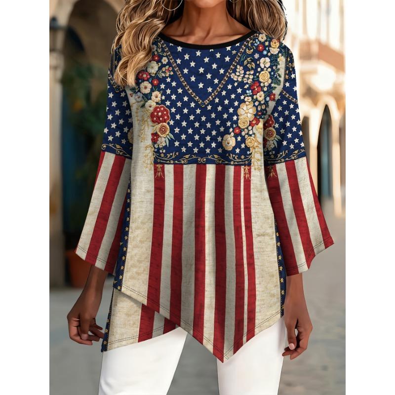 Printed fashion new round neck American retro stars and stripes floral imitation embroidery style printed women s S