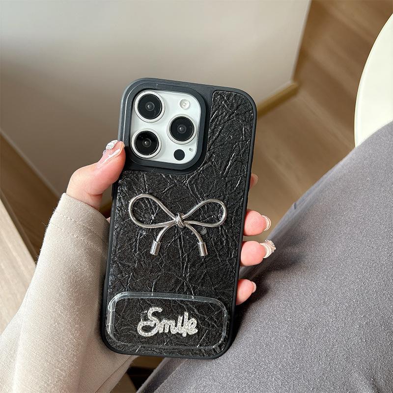 Bow Shaped Rhinestone Mirror Leather Phone Case for IPhone 16, Promax High-end 15, Niche for Apple 17