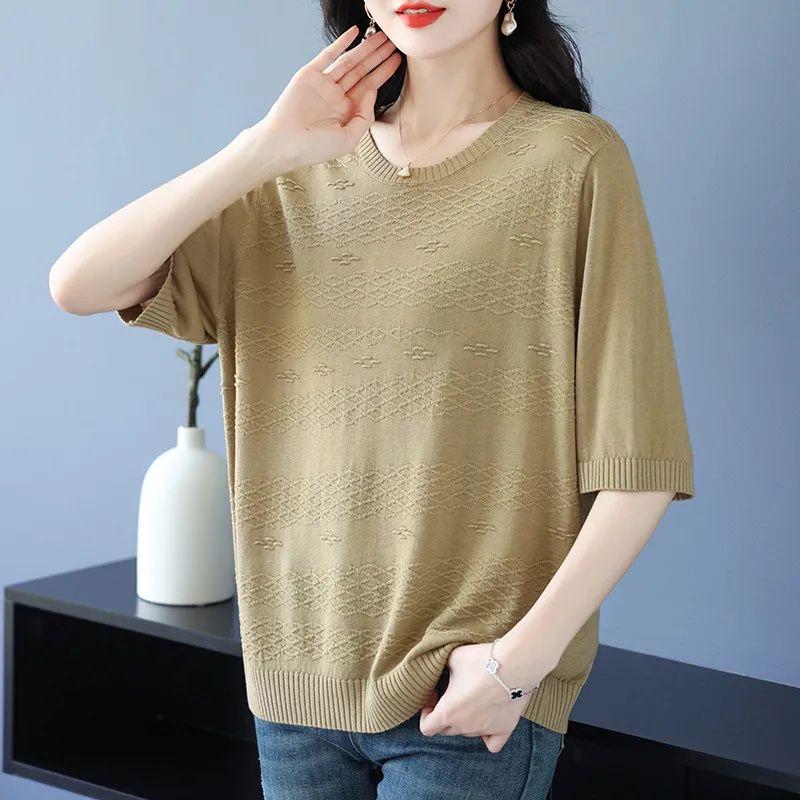 Middle Aged Mom's Mid Sleeve T-shirt Women's Summer Loose Plus Enlarged Size Ice Silk Knitted Top