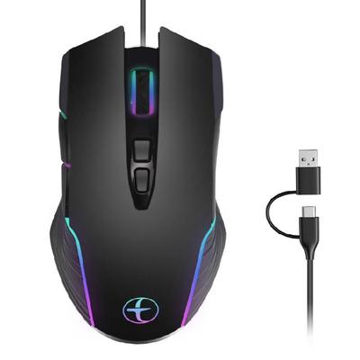 Ergonomic Corded Opticaled Mouse USB C A Port Color Lighting Computer Jiggler 7200DPI Adjustment Wide Compatibility