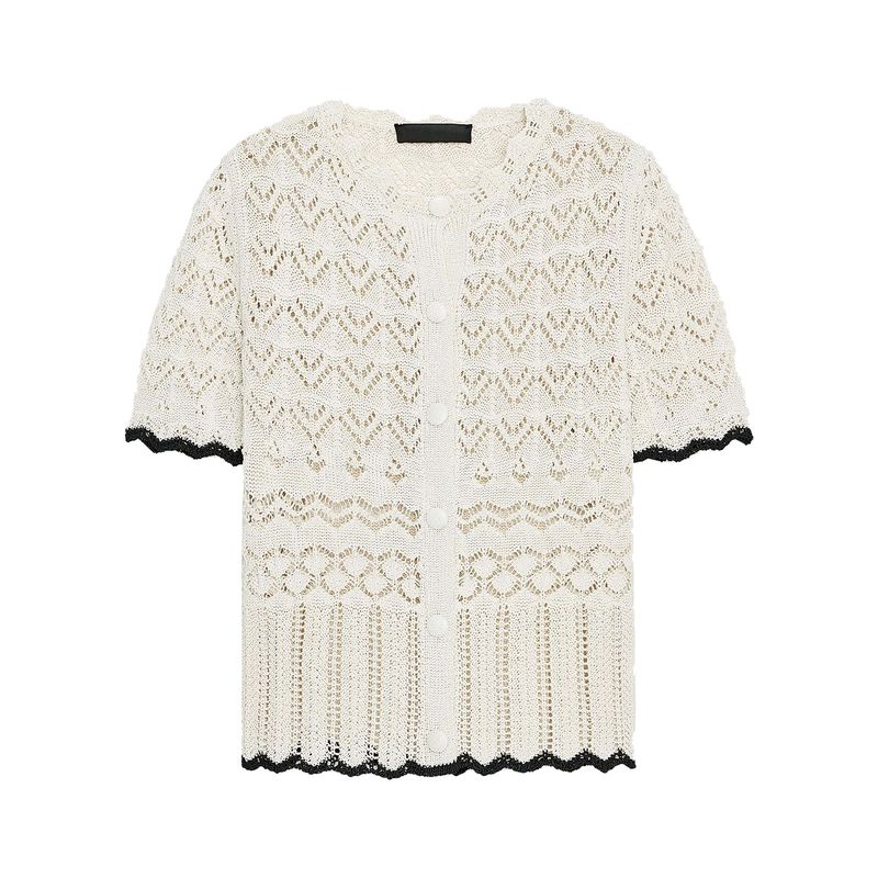 Zaprha 2025 Summer New Sweet Contrast Color Hollow Design round Neck Short sleeve Knit cardigan 6771121