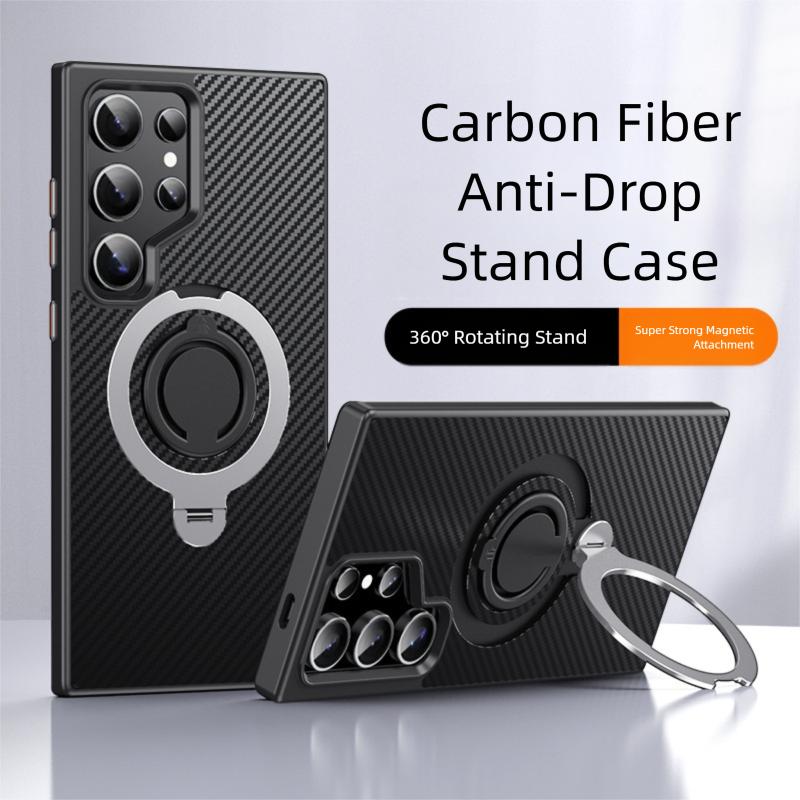 Carbon Fiber Aramid Style Case for Samsung Galaxy S25 Ultra S23 S24 Plus Magnetic Rotating Ring Holder Kickstand Cover LMD002