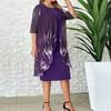 Women Dress Round Neck Half Sleeve Printing Shawl Design Plus Size Dress Loose Hem Slimming Casual Dress Office Party Wear