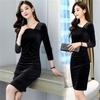 Autumn new fashion temperament slim and thin golden velvet dress medium and long hip skirt tide