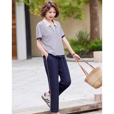 Pastel 2025 Summer Polo Collar Striped Tracksuit for Mid-Aged Women