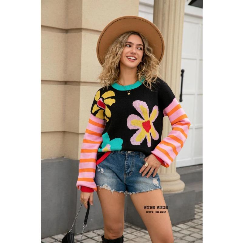 Autumn and Winter Women's Spliced Striped Long-sleeved Flower Sweater Warm Round Neck Fashionable Knitted Sweater