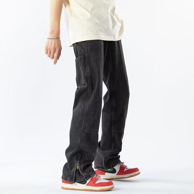 Micro-pull Jeans Men's New Washed Old American Retro Zipper Pants Trendy Brand Straight Floor-mopping Trousers